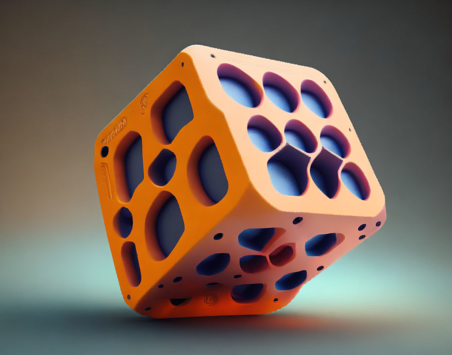 Orange 3D-Printed Cube with Intricate Pattern on Gradient Background