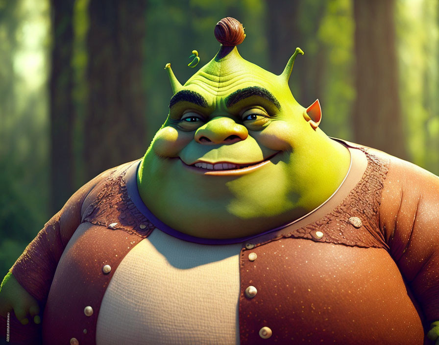 Friendly animated ogre in brown vest and white shirt, green skin, in sunny forest