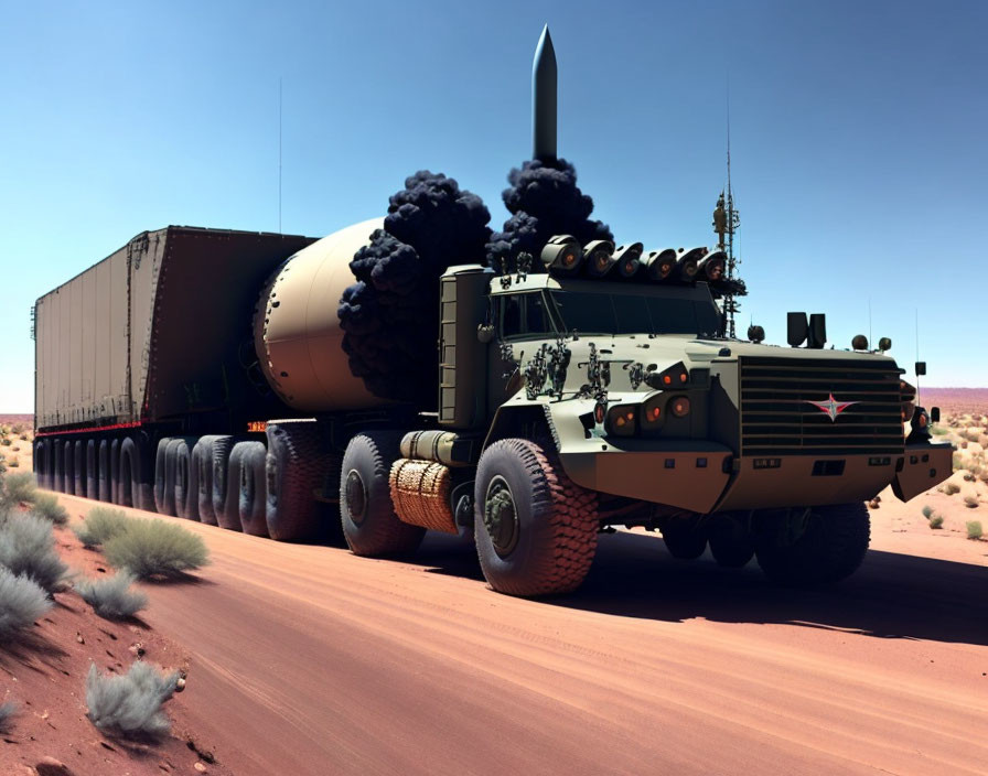 Military vehicle towing large missile in desert with smoke plumes