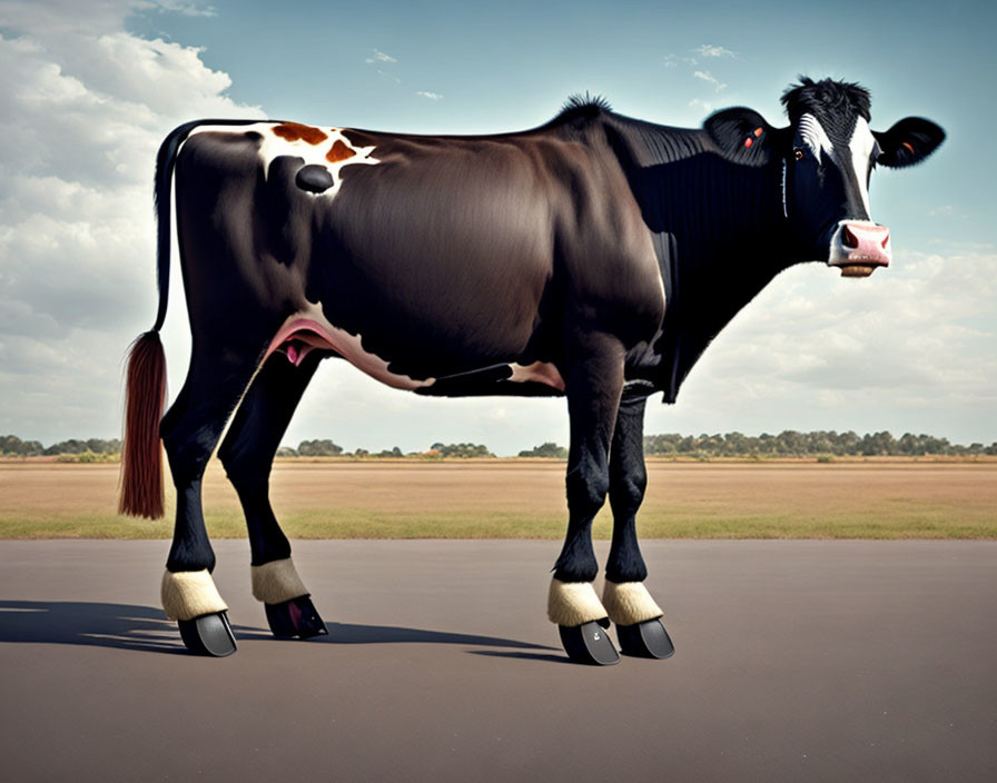 Black and white spotted cow in field with black high heels on hooves