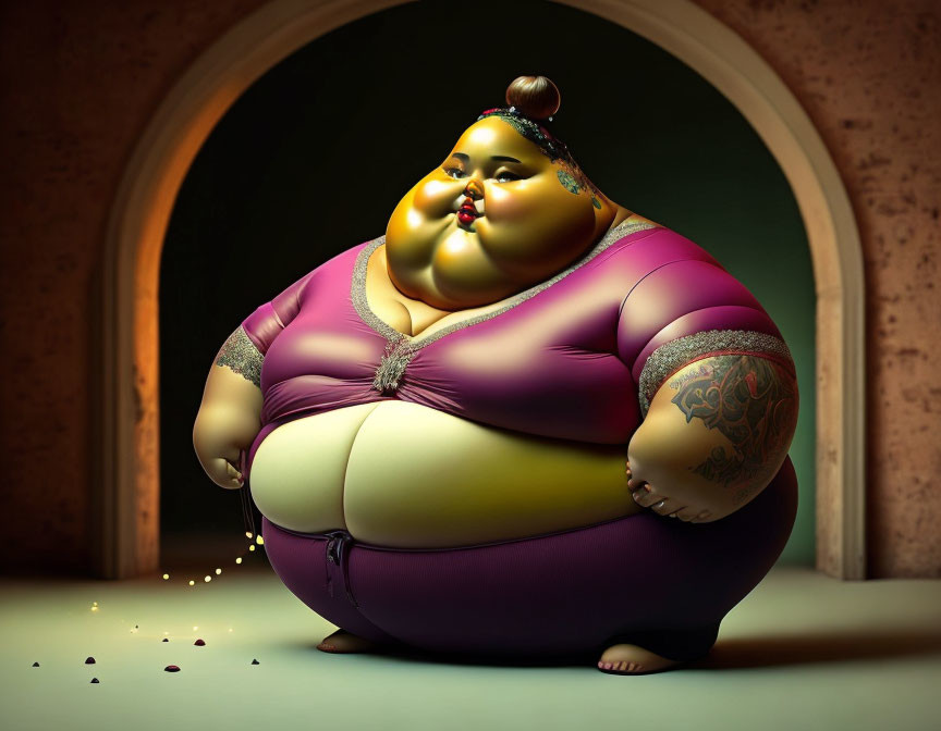 Plump Character with Top Bun Hairstyle in Purple Outfit Sitting with Tattoo in 3D Animation