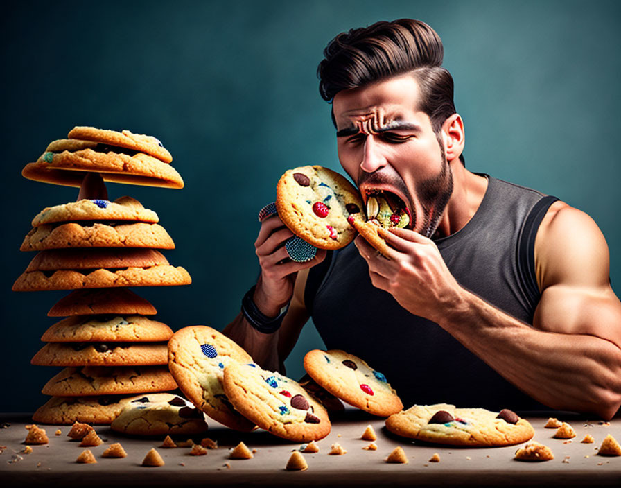 Man in Tank Top Biting Large Cookie Surrounded by Stacks