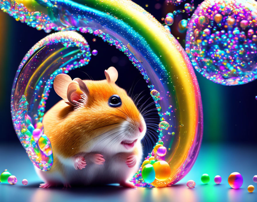 Colorful Hamster with Swirling Bubbles and Glittering Orbs