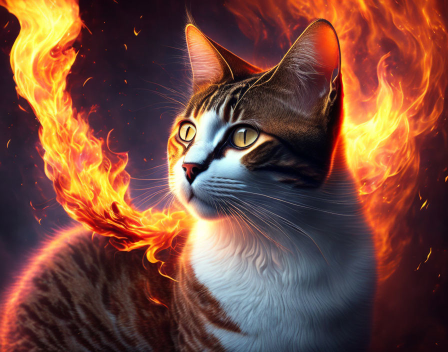 Digitally altered cat image with flames integrated into fur