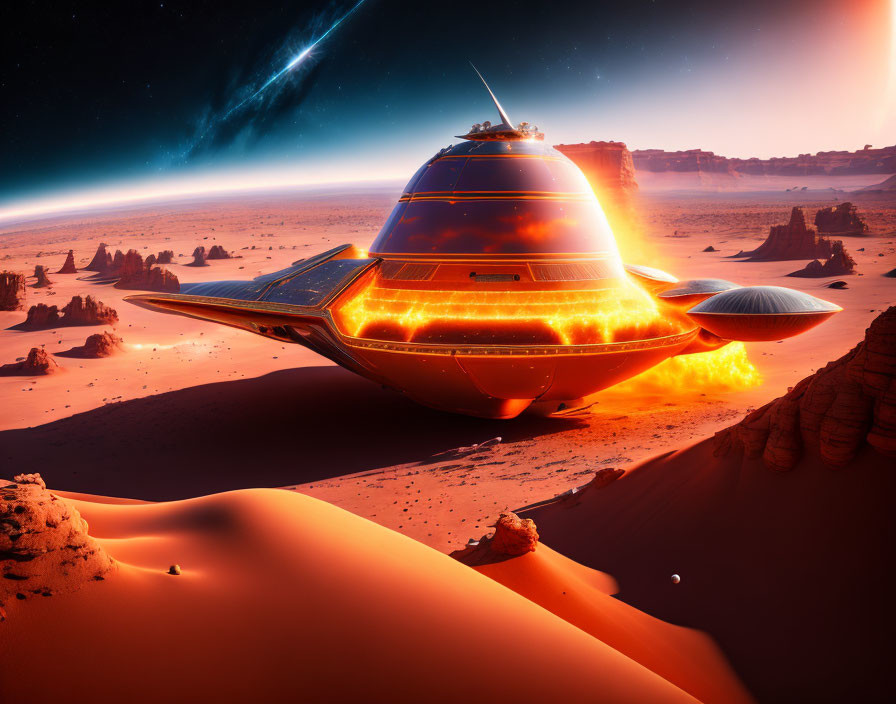 Futuristic spacecraft lands on glowing desert planet with cosmic sky
