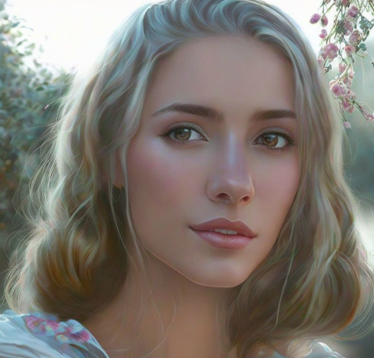 Digital portrait of woman with wavy blonde hair, hazel eyes, fair skin, and floral background