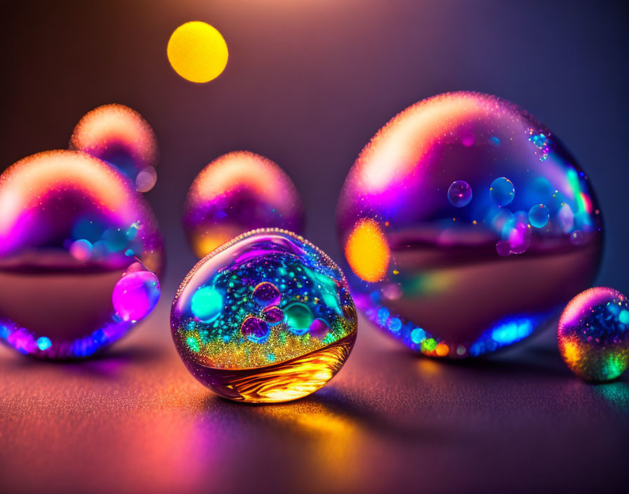 Colorful iridescent soap bubbles on reflective surface with bokeh lights
