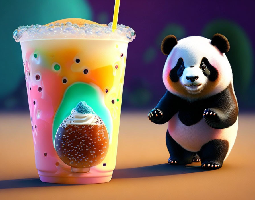 Animated Panda with Colorful Bubble Tea on Purple Background
