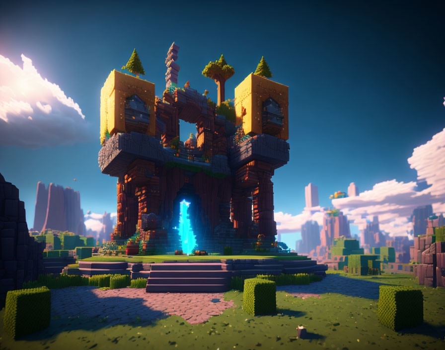 Fantasy blocky structure with towers and blue portal against mountain backdrop