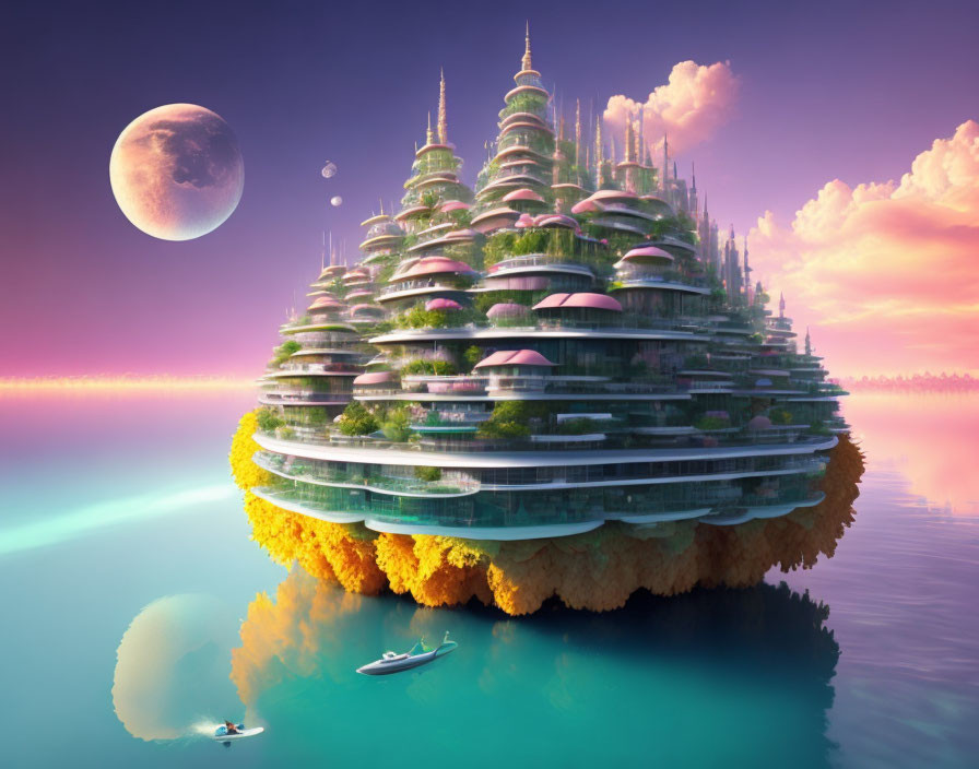 Floating City with Greenery, Domes, Boats at Sunset & Moonrise