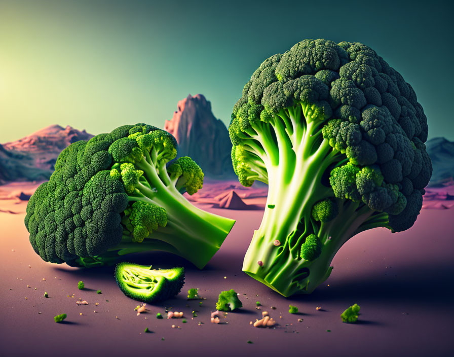 Broccoli heads in desert landscape with fallen tree resemblance