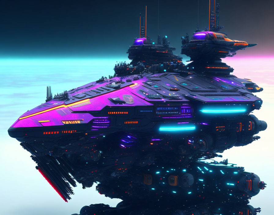 Futuristic spaceship with neon highlights against a dusk skyline