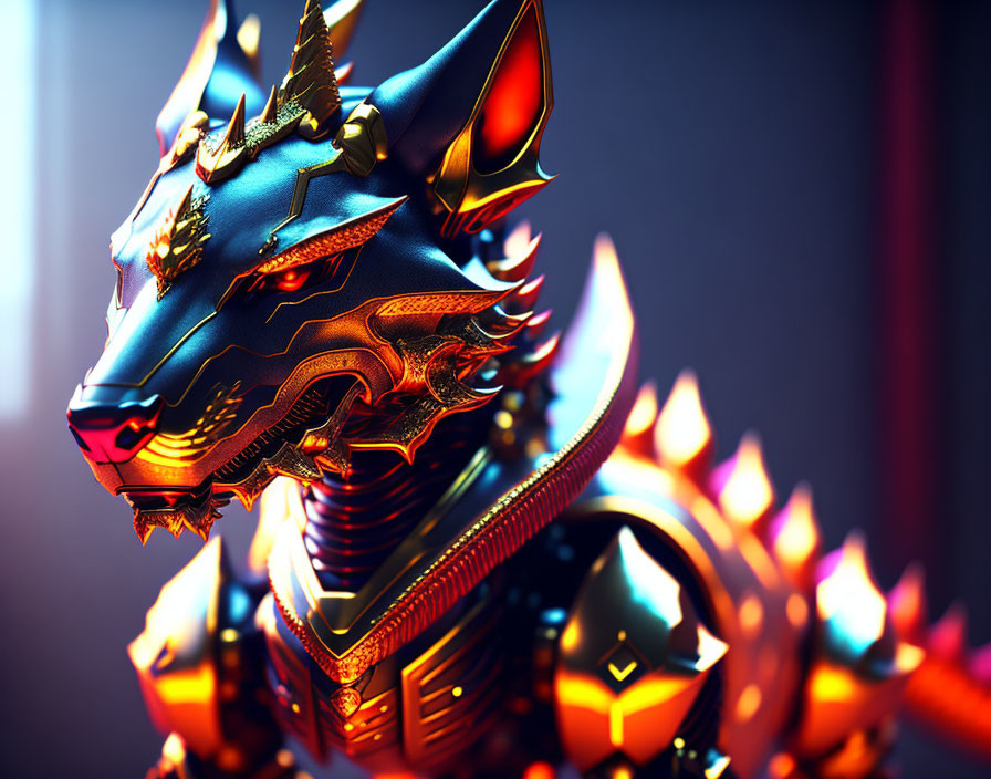 Metallic wolf head with futuristic armor in red and blue light