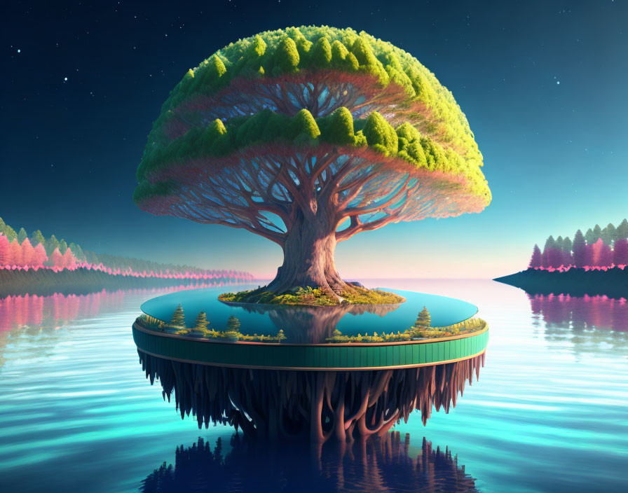 floating island with a cool tree in water on top