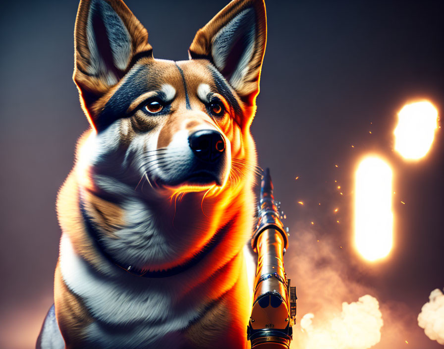 Stylized corgi with headphones and microphone in fiery explosion backdrop