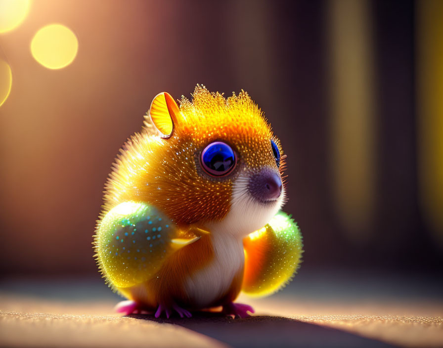 Stylized digital illustration of fluffy, round creature with big blue eyes