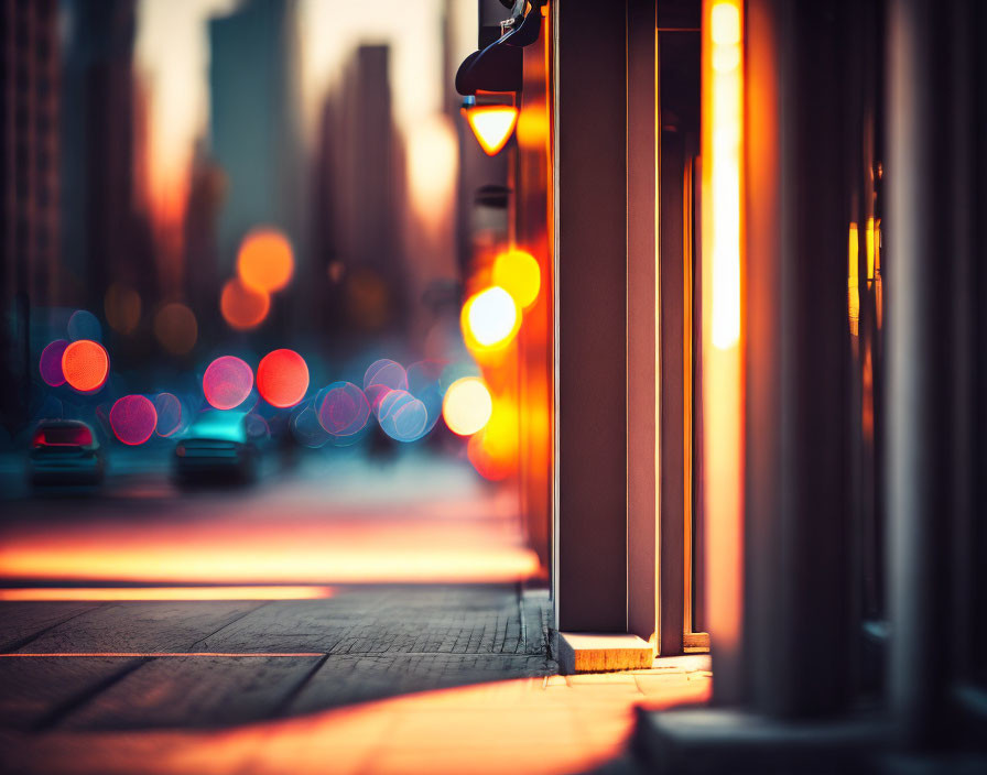 City sidewalk at dusk with glowing lights and colorful bokeh from street traffic