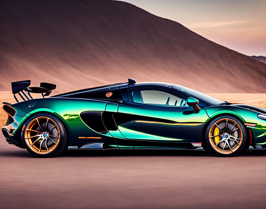Green and Black Sports Car with Aerodynamic Design and Gold-Rimmed Wheels at Dusk