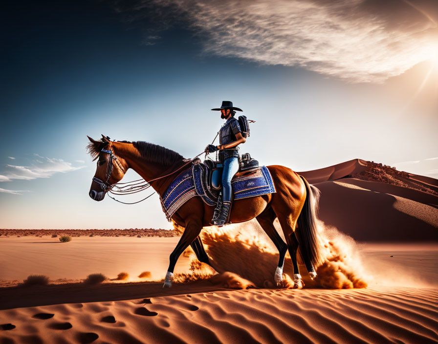 Cowboy riding horse in desert with sand dunes under bright sky