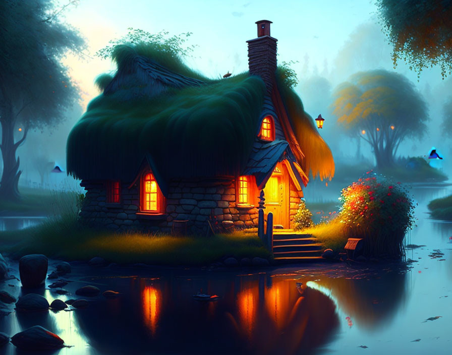 Thatched-Roof Cottage by River at Twilight