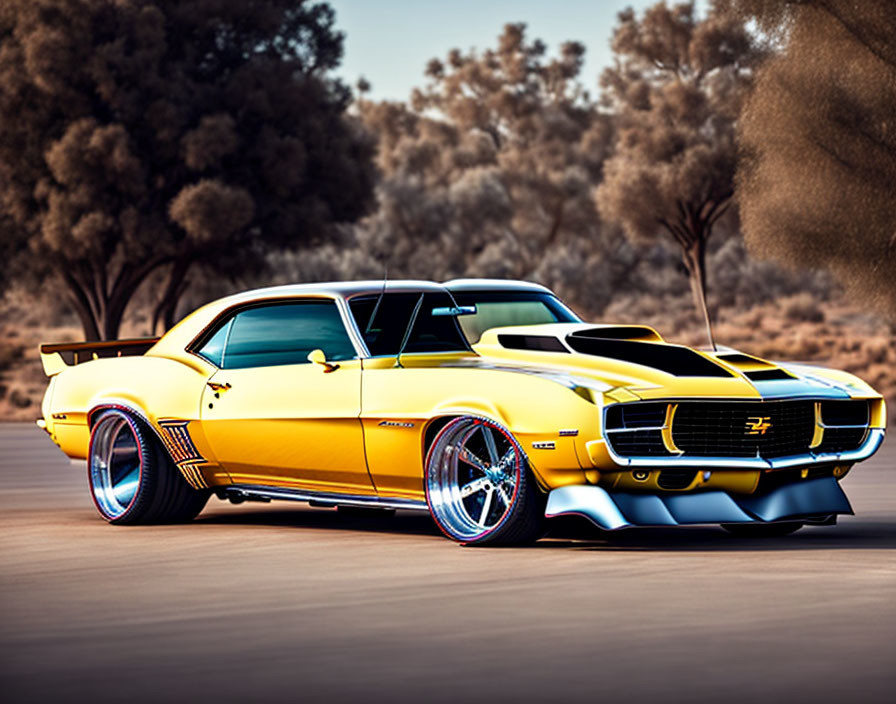 Yellow Chevrolet Camaro with Custom Wheels and Lowered Suspension in Desert Setting