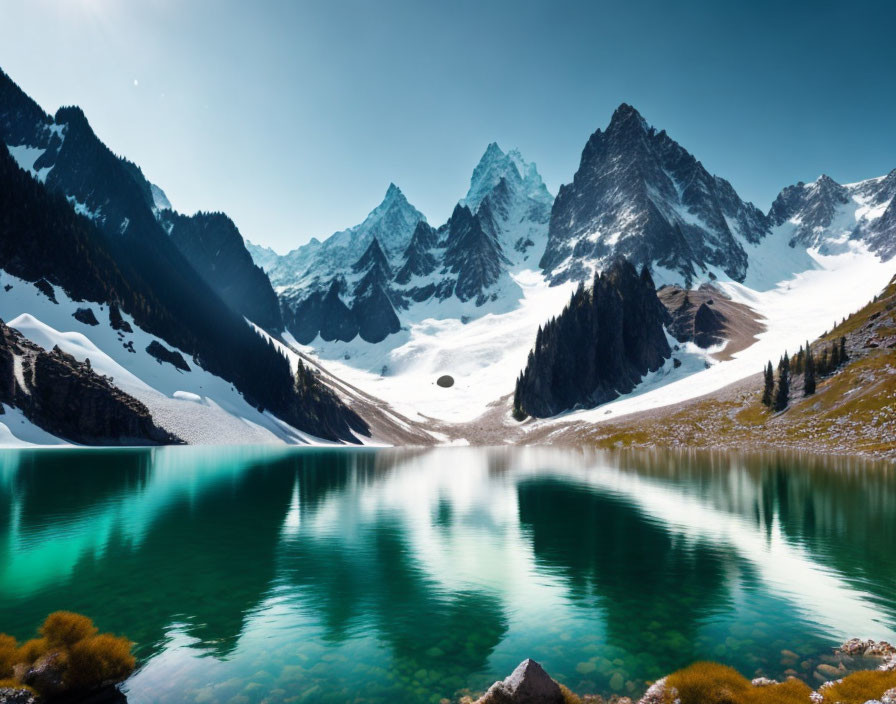 Serene Turquoise Lake with Snow-Capped Mountains