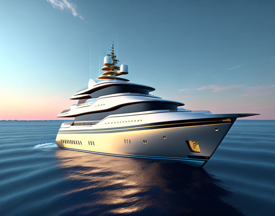 Luxury yacht sailing at sunset on calm seas