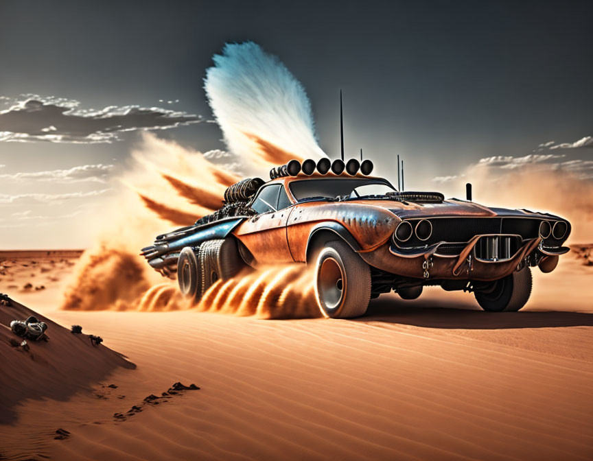 Vintage car with oversized wheels and exhaust pipes races through desert