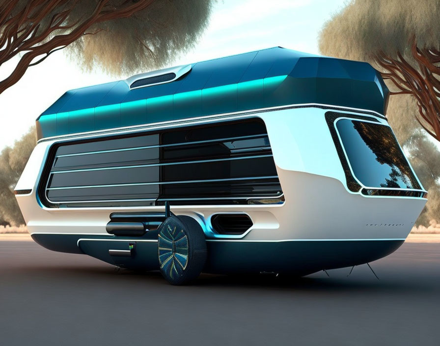 Blue and White Futuristic RV Parked in Desert-Like Setting