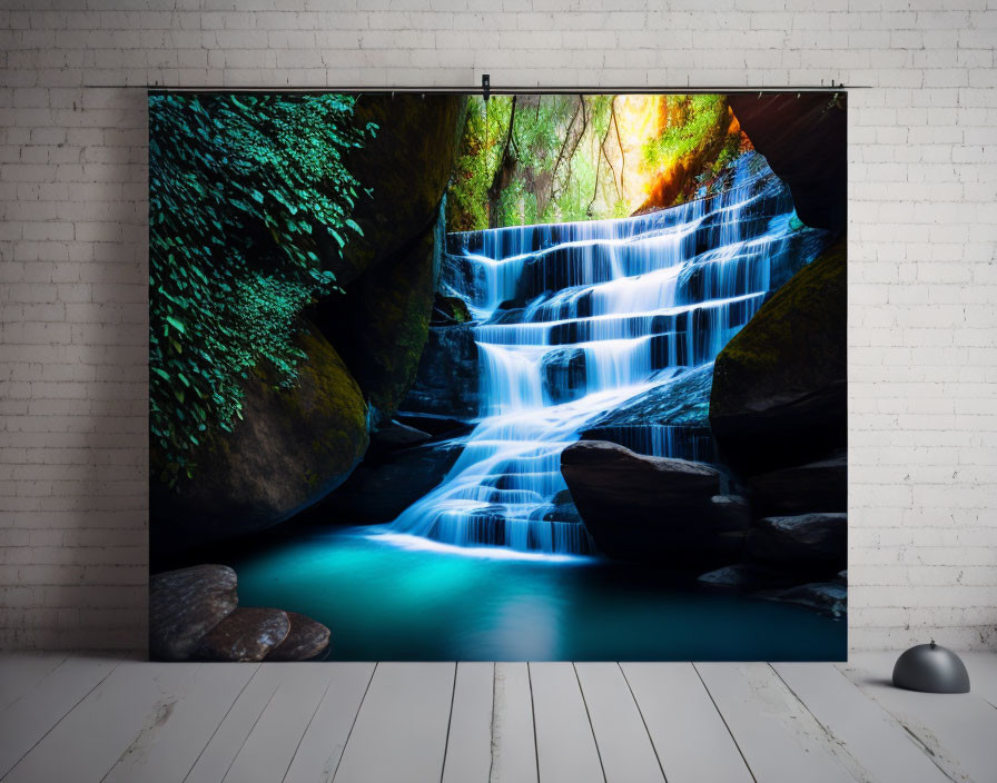 Large Canvas Print of Cascading Waterfall in Lush Forest on White Brick Wall