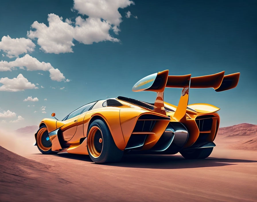 Futuristic orange sports car with oversized rear wing in desert setting