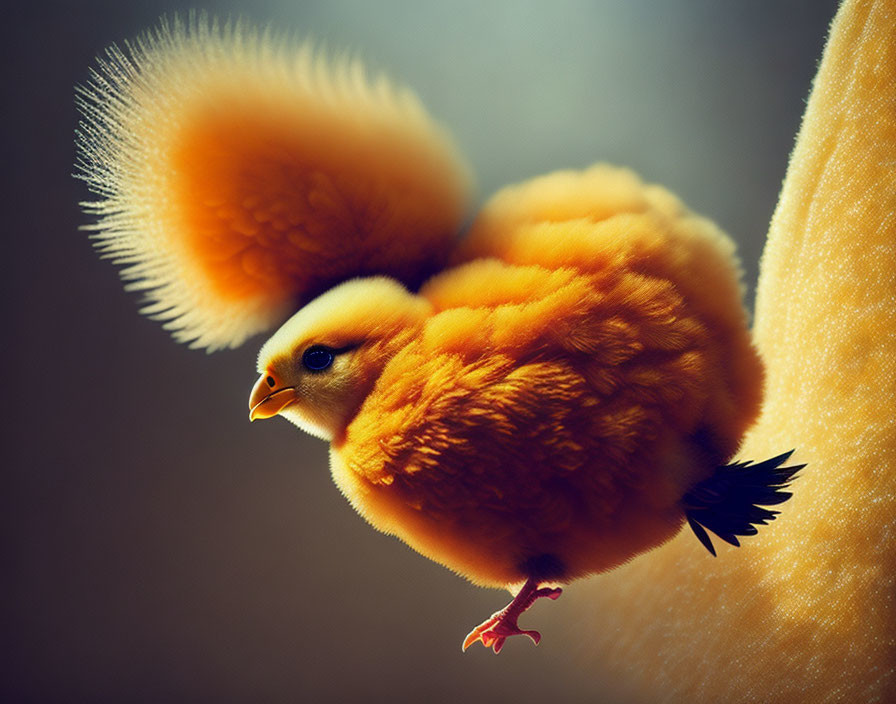 Fluffy orange-yellow chick with puffy crest on soft surface in warm light