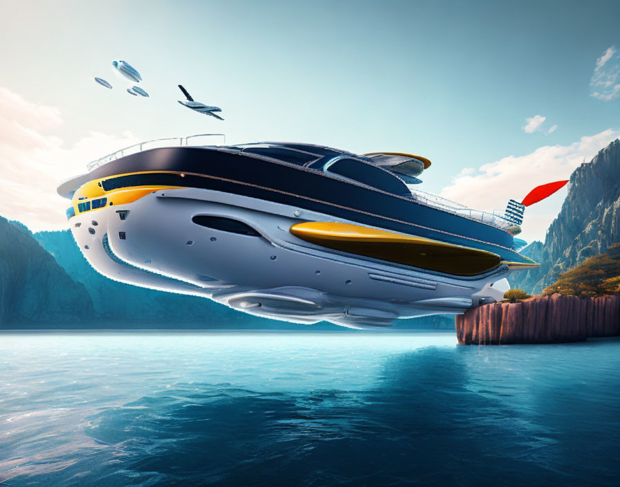 Futuristic yacht hovering above water near mountainous coastline.