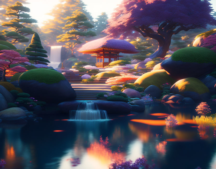 Tranquil Japanese garden at sunrise with pond, waterfall, vibrant flora, and red pavilion