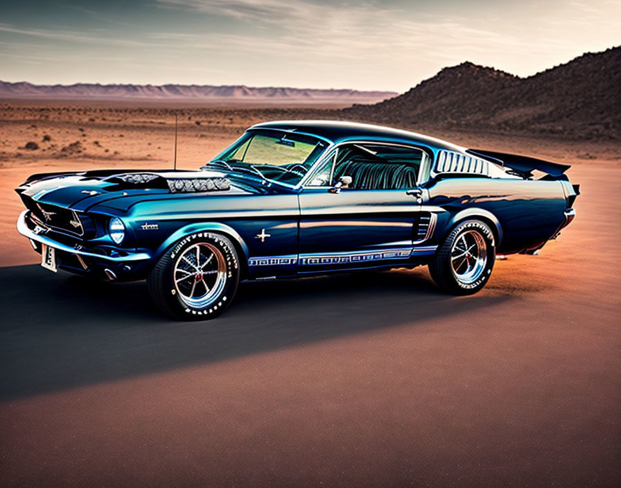 Classic Muscle Car with Racing Stripes in Desert Dusk
