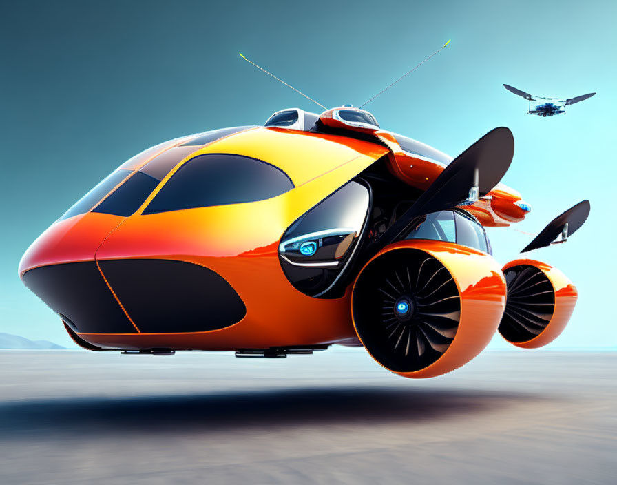 Futuristic orange and black flying car with open doors and propellers, near the ground with airplane