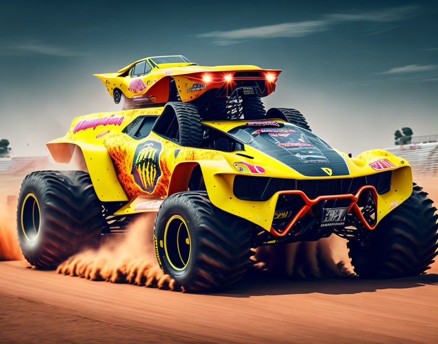 Vibrant monster trucks racing in off-road scene with classic car airborne