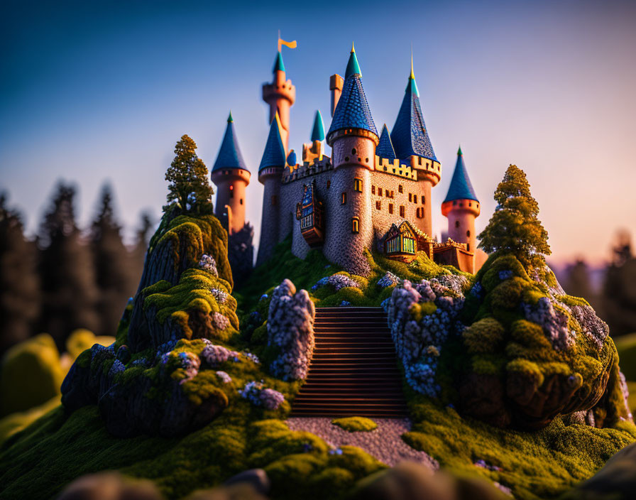 Miniature fairy tale castle on lush green hillock with turrets in golden sunlight