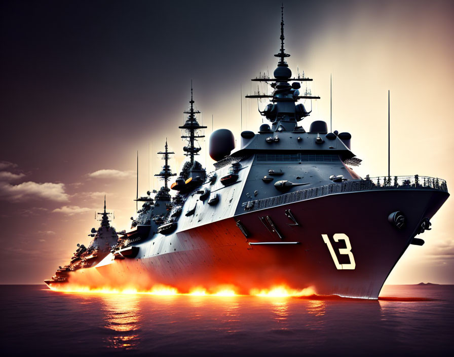 Naval warships illuminated by fiery orange glow at dusk