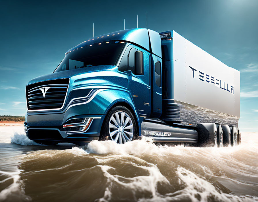 Futuristic blue Tesla semi-truck on sandy beach with churning wheels