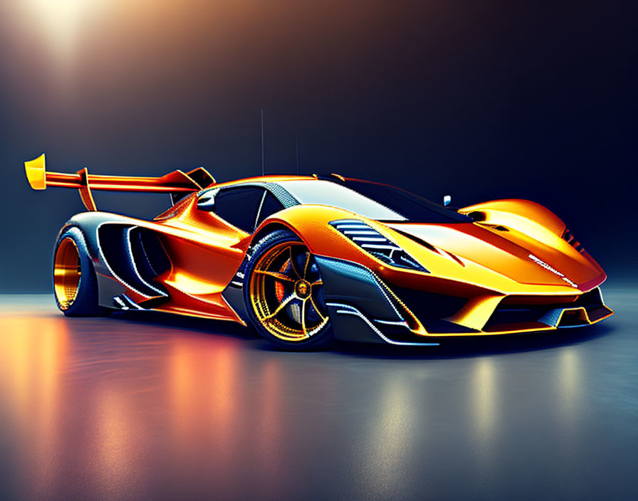 Futuristic orange and blue race car with aerodynamic design