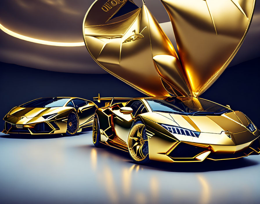 Golden sports cars, trophy, and ring in dark studio setting