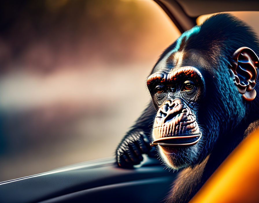 Chimpanzee looking out of car window at sunset
