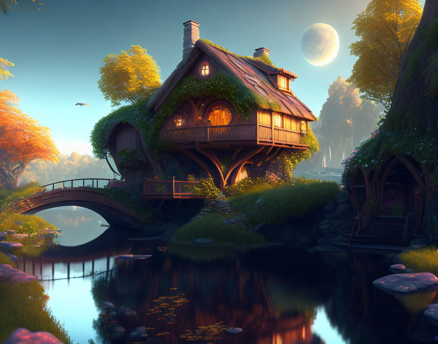 Tranquil pond twilight scene with idyllic cottage, footbridge, lush trees, and full