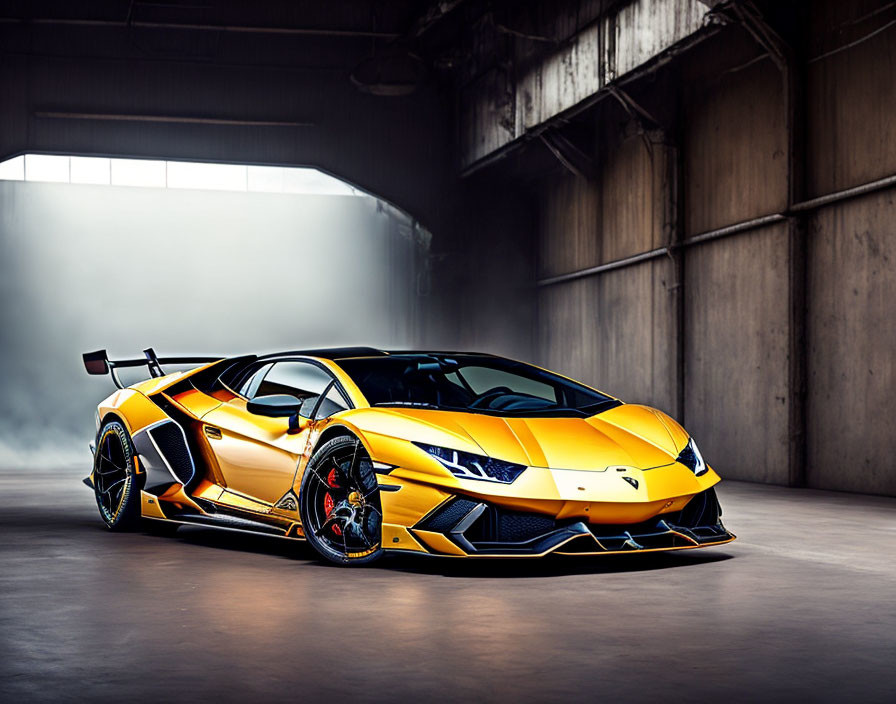 Yellow Lamborghini with Black Accents in Industrial Garage