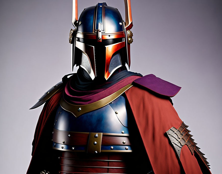 Mandalorian Warrior Costume with Blue Armor and Red Cape