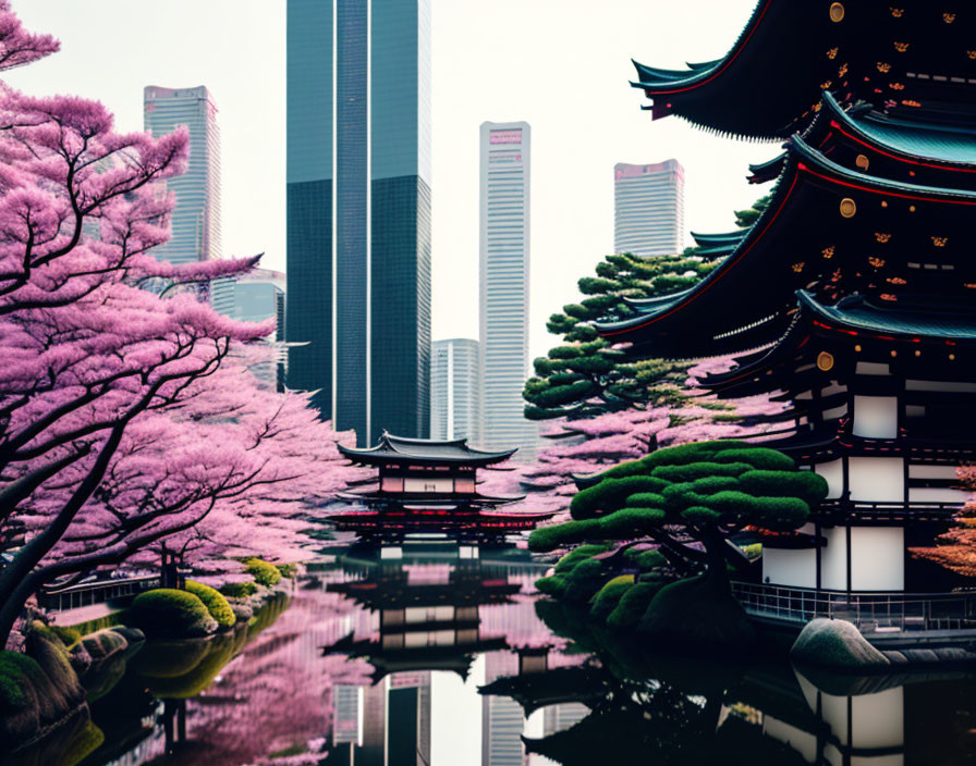 Japanese pagoda and cherry blossoms in serene setting with modern skyscrapers.