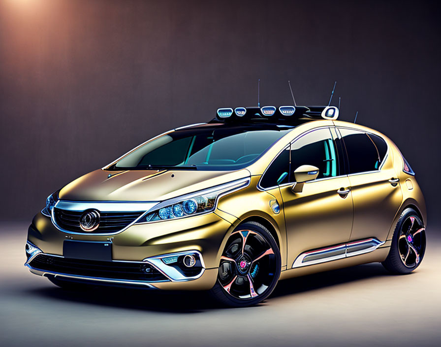 Customized Golden Car with Sporty Rims & Antennas on Gradient Background