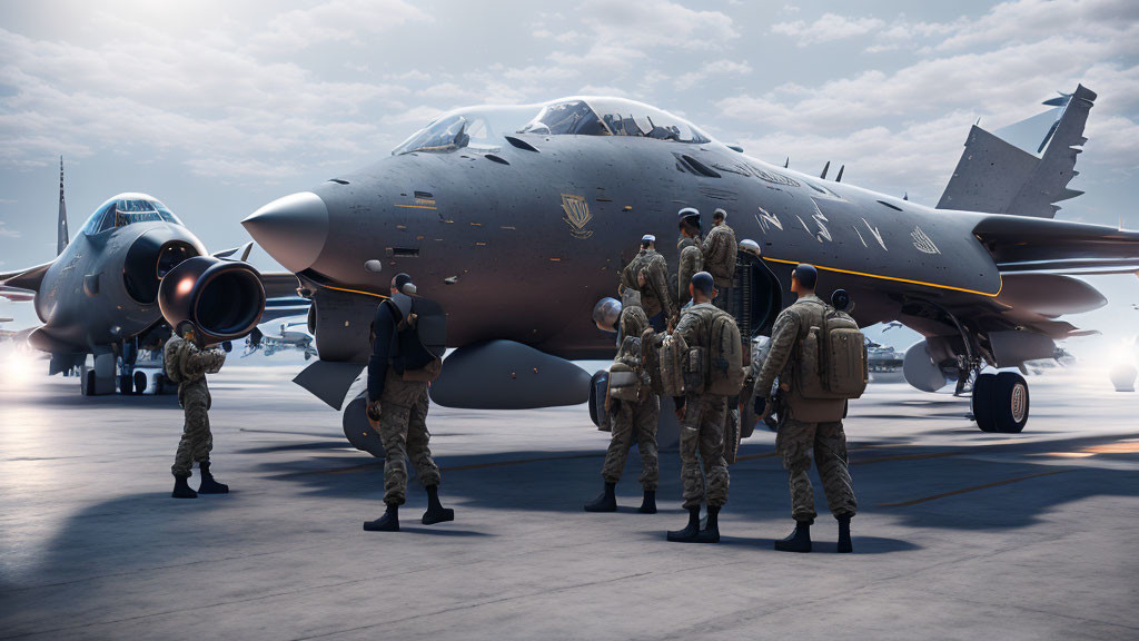 Military personnel in uniform inspecting fighter jets on airfield