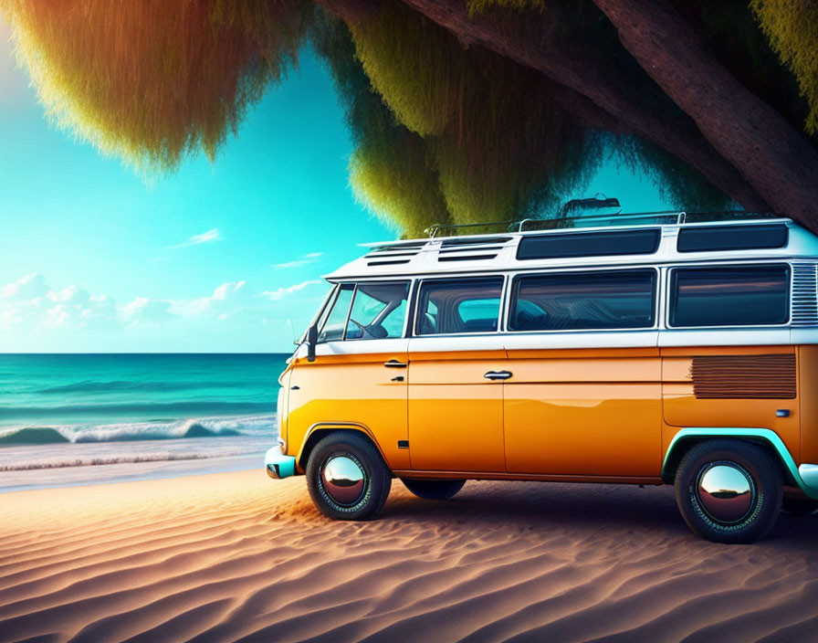 Vintage Orange and White Van Parked on Beach with Greenery and Blue Sky
